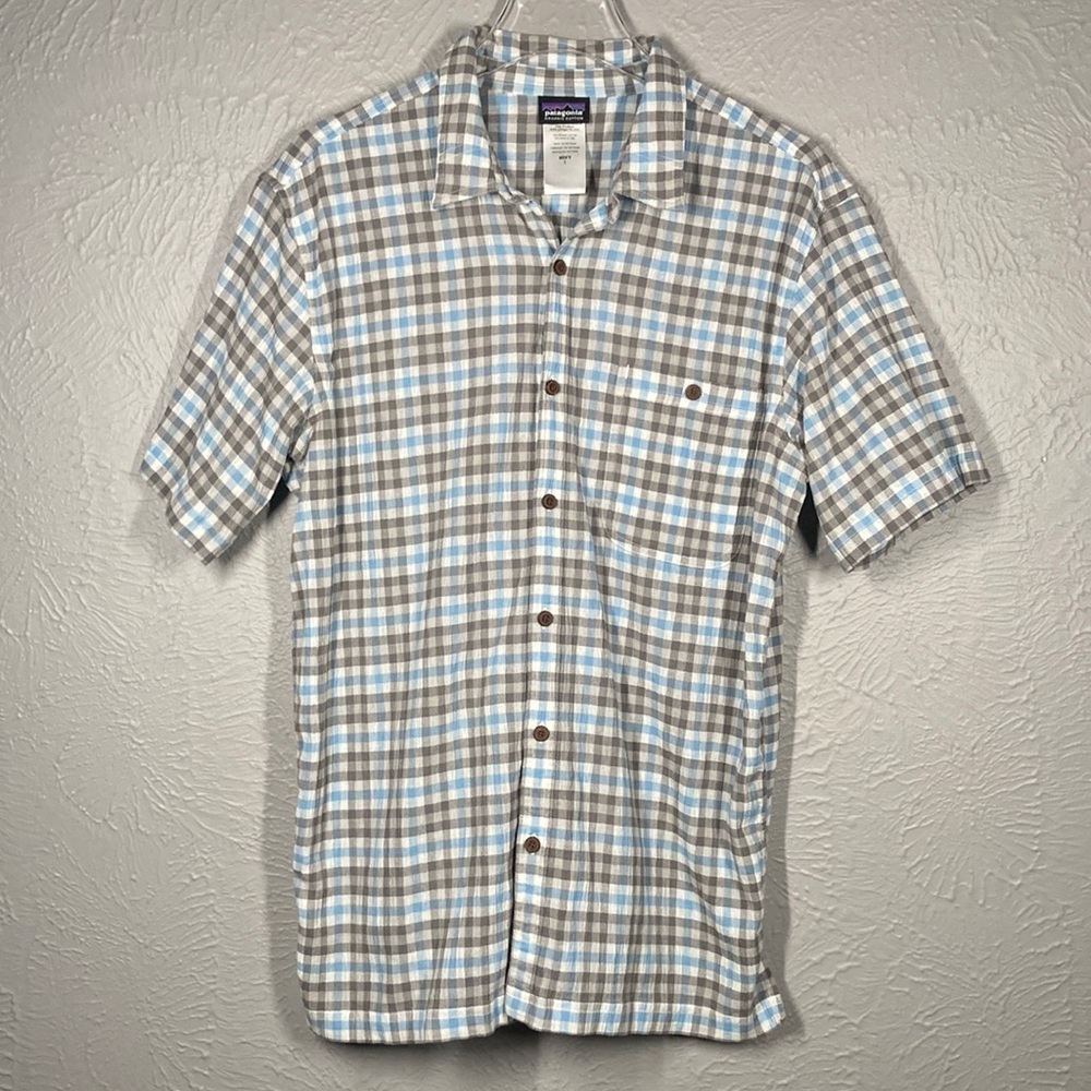 Patagonia Organic Cotton Grey & Blue Checkered Short Sleeve Button Up Sh…
